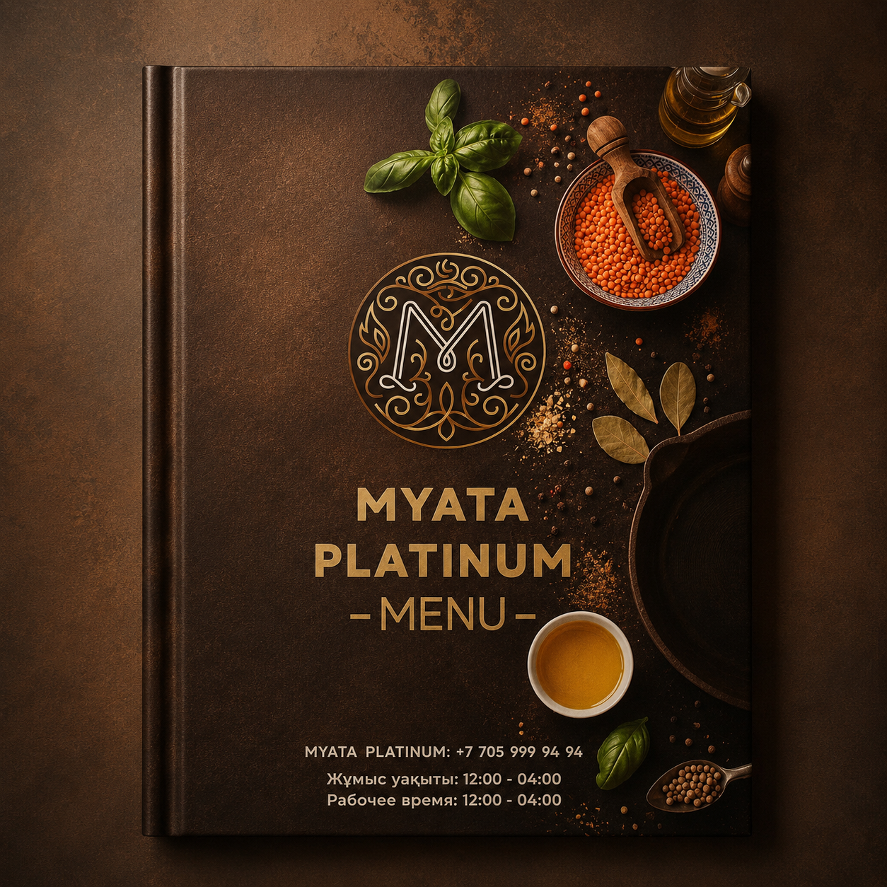 Премиальное меню Myata Platinum с темной обложкой и золотой типографикой
